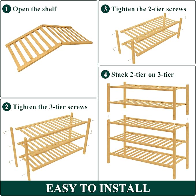 Smiry Bamboo Shoe Rack for Closet, 5 Tier Wooden Stackable Shoe Organizer, Free Standing Shoes Storage Shelf for Entryway, Front Door Entrance, Natural - Image 6