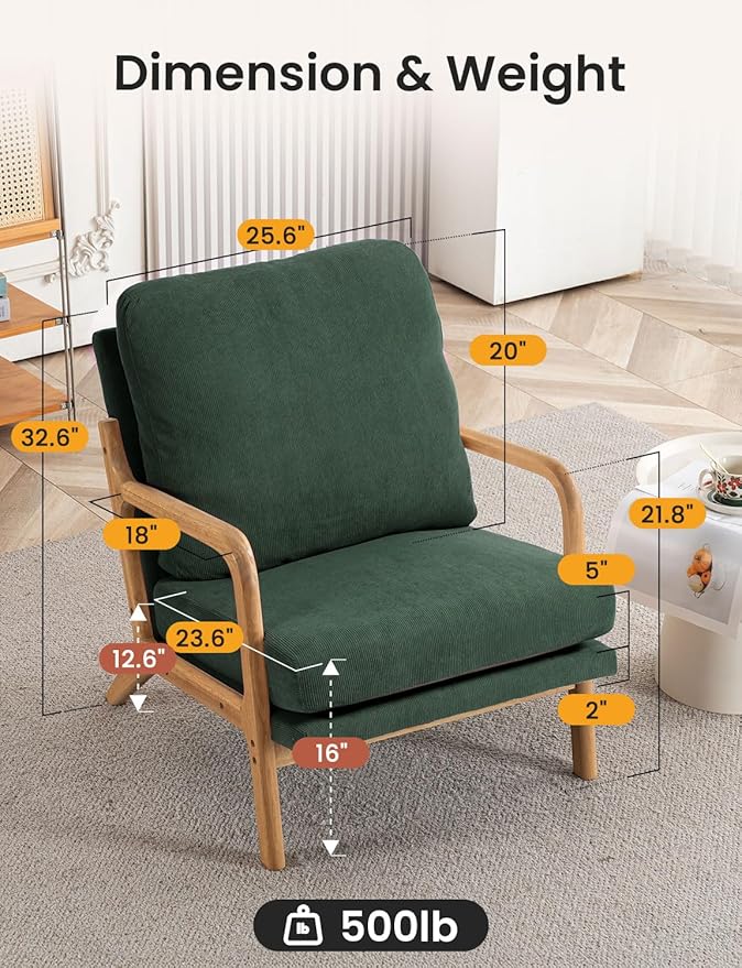 Mid Century Modern Accent Chairs for Living Room, 23” Wide Comfy Chair for Bedroom, Small Cozy Corduroy Reading Chairs for Adults, 108° Lounge Arm Chair Indoor with Detachable Cover, 5.5" Foam Cushion