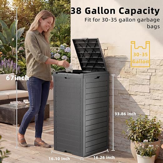 EFU 38 Gallon Outdoor Trash Can with Lid & Drip Tray, Waterproof Garbage Can for Patio Backyard Deck Porch, Heavy Duty Waste Container Bin，Black - Image 2