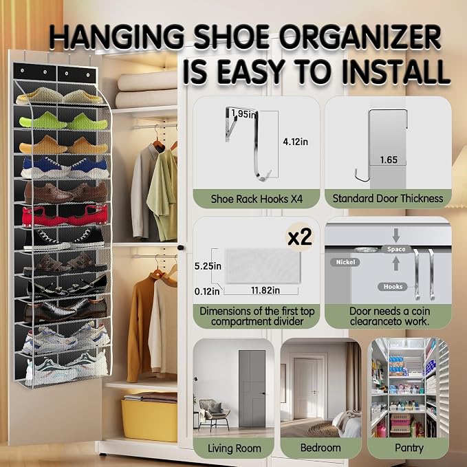 Kotkn Over The Door Shoe Organizer with 12 Large Breathable Pockets - Durable Hanging Storage for the Entire Family's Shoes (Black) - Image 4