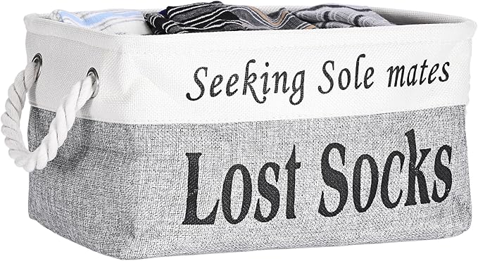 Lost Socks Basket for Laundry Room, Fabric Missing Sock Holder for Single Sock Organization, Collapsible Lost Socks Bin Stockings Container, Farmhouse Laundry Room Decor and Accessories by Hoowen