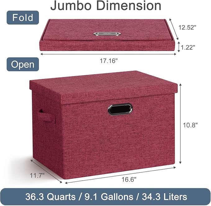 Graciadeco Large 17" 36 Quart Collapsible Stackable Storage Bins with Lids, 3 Packs Bright Red Linen Fabric Closet Boxes with Lids, Storage Cube Baskets Container Organizers for Office (17x12x11) - Image 2