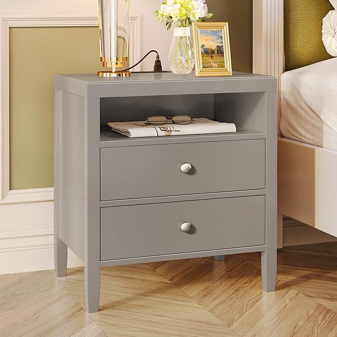Huuger Grey Nightstand Set of 2, Night Stand with Charger Station, Bedside Table with 2 Drawers, Bed Side Tables for Bedroom, Modern Nightstands, Metal Knobs, Painted Surface