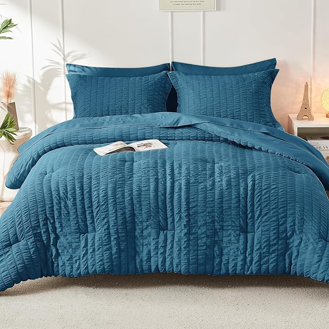 HYMOKEGE Teal Full Size Comforter Sets Seersucker 7 Pieces, All Season Luxury Bed in a Bag for Bedroom, Bedding Set with Comforters, Sheets, Pillowcases & Shams