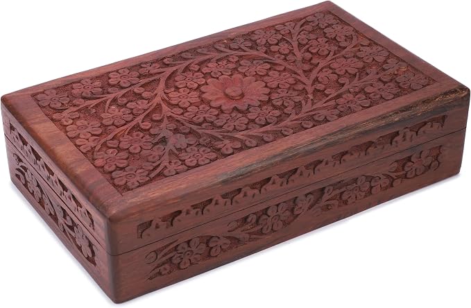 Ajuny Wooden Handcarved Decorative Jewelry Storage Box Flower Design Multipurpose Treasure Chest Keepsake Organizer Necklaces Watch Boxes Great for Gifts 8x5 Inch - Image 7