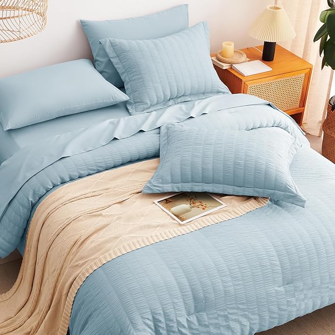 CozyLux Full Size Comforter Sets with Sheets 7 Pieces, Light Blue Seersucker Bed in a Bag Textured Luxury Soft Bedding Set with Down Alternative Comforter, Sheets, Pillowcases & Shams for All Seasons