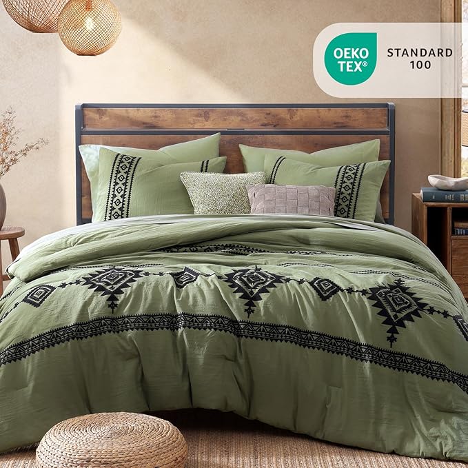 MaiRêve Embroidery Queen Size Comforter Sets, Light Olive Green Western Bedding Set Boho 7 Pieces, All Season Farmhouse Bed in A Bag Comforter Set with Sheets, Pillowcases & Shams