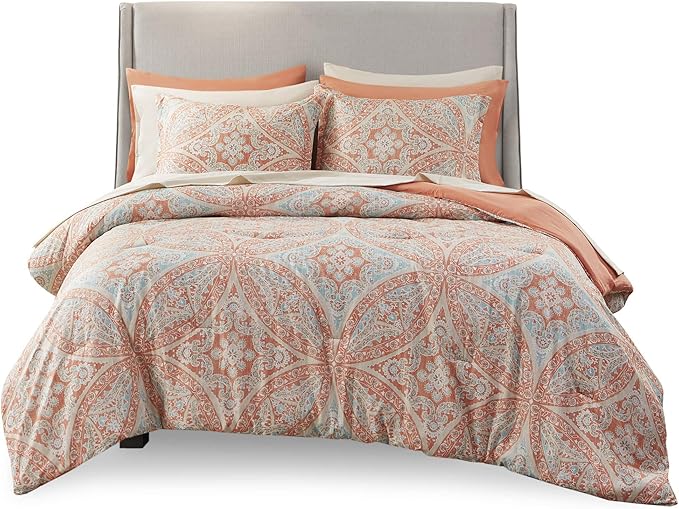 Comfort Spaces Bed in A Bag - Trendy Casual Design Cozy Comforter with Complete Sheet Set with Side Pocket, All Season Cover, Matching Shams, Full(80"x90"), Gloria, Damask Coral 9 Piece