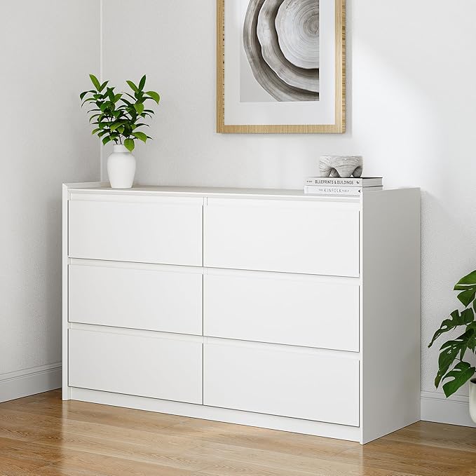 White Dresser for Bedroom, 47" Wide Chest of Drawers, Modern 6 Drawer Storage Organizer for Closet, Hallway, or Living Room