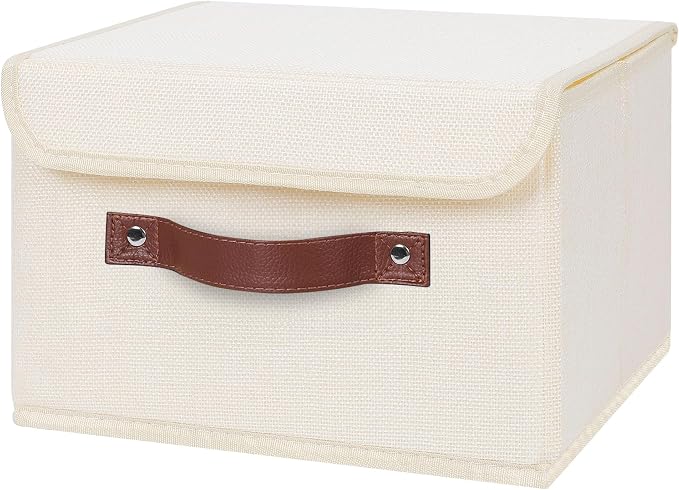 ANMINY Storage Bin with Lid Storage Boxes with PU Leather Handles PP Plastic Board Decorative Foldable Lidded Cotton Linen Fabric Home Cubes Baskets Closet Organizer Container - Beige, Small Size by ANMINY