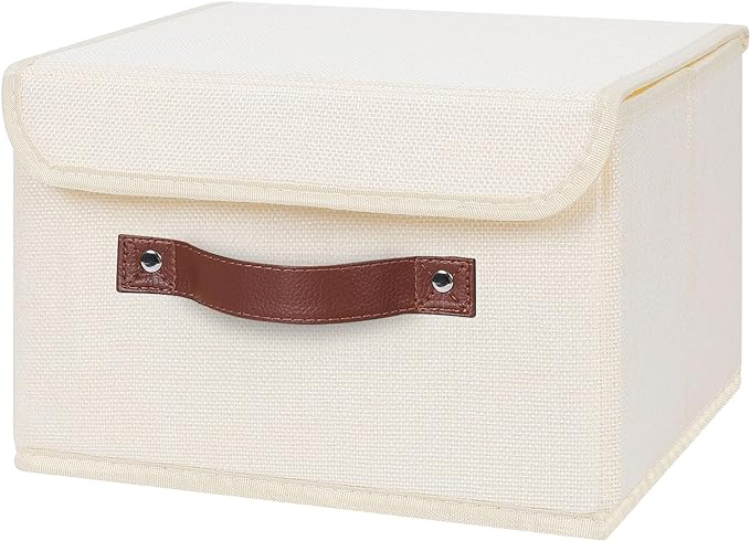 ANMINY 4PCS Storage Bins with Lid PU Leather Handles Storage Boxes PP Plastic Board Decorative Foldable Lidded Cotton Linen Fabric Home Cubes Baskets Closet Organizer Containers - Beige, Small Size - Image 8