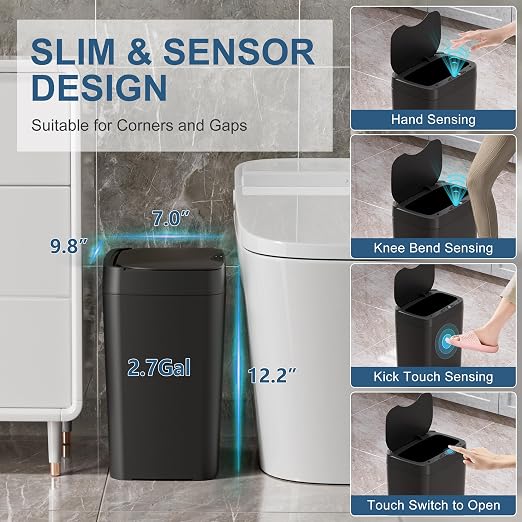 Vanpopubs 2 Pack 2.7 Gal Bathroom Trash Can with Lid, Automatic Trash Can Small Smart Garbage Can Touchless, Slim Motion Sensor Waterproof Plastic Trash Bins for Bedroom Office Kitchen Toilet Black - Image 2