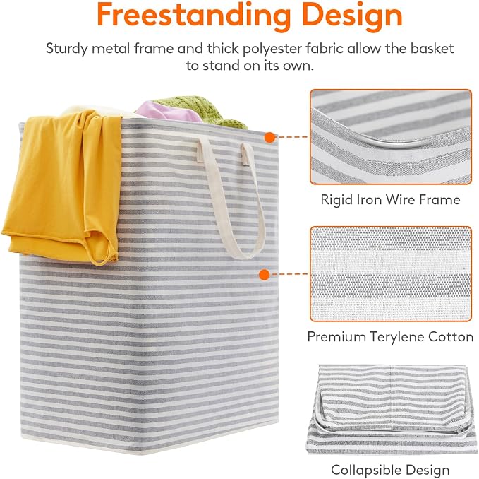 Lifewit 2 Pack Laundry Basket 100L Each, Collapsible Clothes Hamper with Reinforced Handles, Freestanding Waterproof Design for Bedroom and Laundry Room, Grey&Blue 200L Total - Image 2