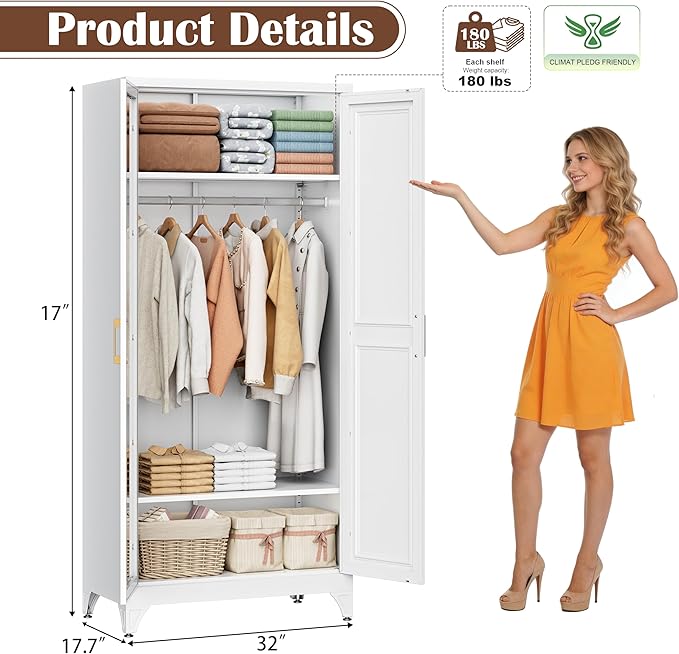 SteeLoong Metal Wardrobe Cabinet with Hanging Rod, 71" Tall Armoire Wardrobe Closet with 2 Mirror Doors and Adjustable Shelves, White Clothing Storage Cabinets for Bedroom, Laundry Room