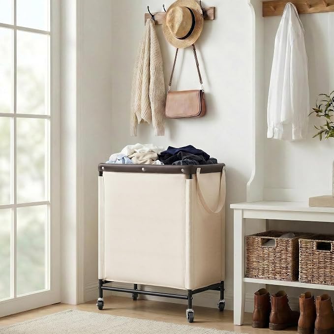 StorageWorks 2 Section Laundry Hamper, Rolling Laundry Cart with Wheels and Handles, Laundry Room Double Sorter for Organizer and Storage, 26.4 Gal(100L), Beige - Image 7
