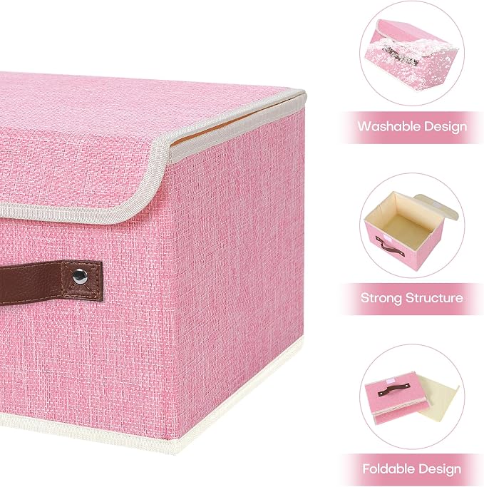 ANMINY Storage Bin with Lid Storage Boxes with PU Leather Handles PP Plastic Board Decorative Foldable Lidded Cotton Linen Fabric Home Cubes Baskets Closet Organizer Container - Pink, Small Size - Image 4