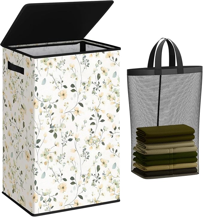 SOLEDI Laundry Hamper with Lid, 90L Tall & Large Floral Laundry Basket, Collapsible Clothes Hamper with Removable Bag, Dirty Hampers for Bedroom, Bathroom, Laundry Room by SOLEDI