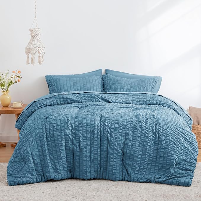 Love's cabin Seersucker Misty Blue Queen Comforter Set, 7-Piece All Season Lightweight Bed in a Bag Bedding Set with Comforter, Flat Sheet, Fitted Sheet, Pillowcases and Shams | Soft, Breathable, Lightweight