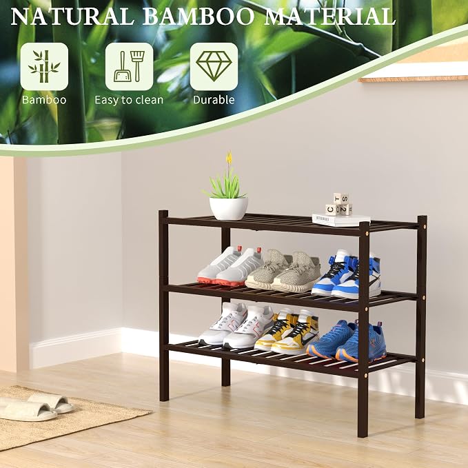 ROMGUAR CRAFT 3 Tier Bamboo Shoe Rack for Closet Free Standing Wood Shoe Shelf for Entryway Small Space Stackable 27"x11"x20" (Brown) - Image 6
