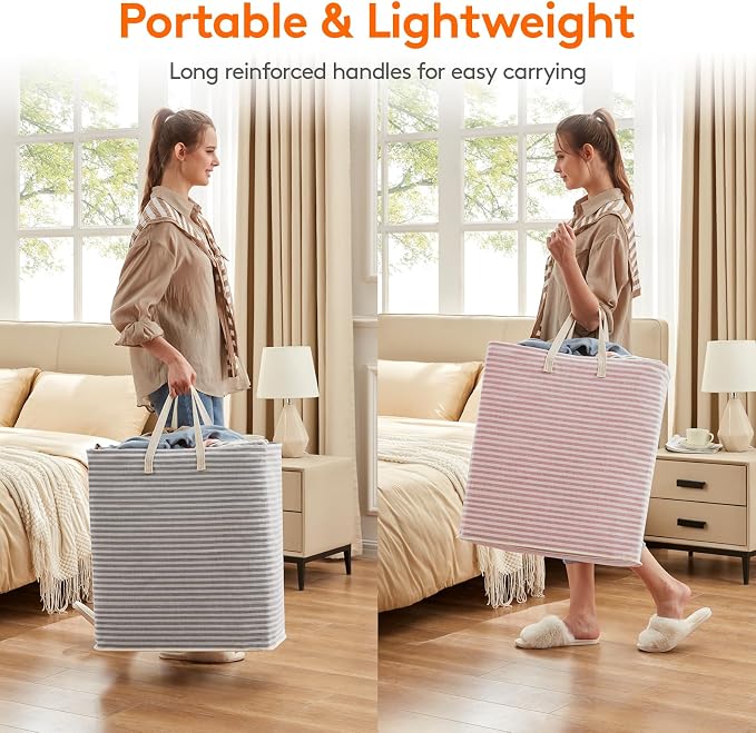 Lifewit 2 Pack Laundry Basket 100L Each, Collapsible Clothes Hamper with Reinforced Handles, Freestanding Waterproof Design for Bedroom and Laundry Room, Grey&Pink 200L Total - Image 5
