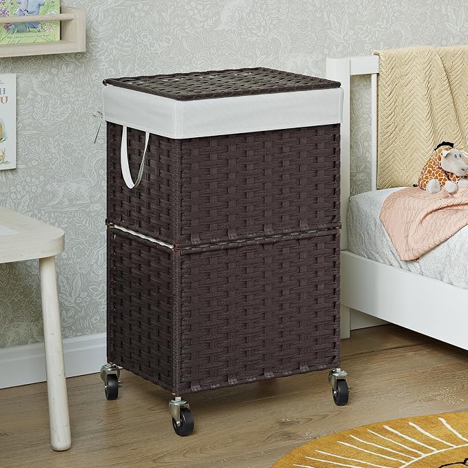 Chrislley 90L Slim Laundry Hamper with Wheels, Rolling Laundry Basket with Lid and Renovable Liner Bag, Handwoven Rattan Organizer for bedroom, bathroom, laundry room (Brown) - Image 7