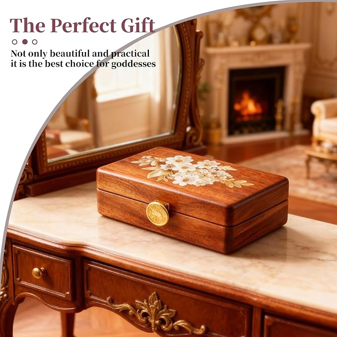 Travel Jewelry Case Small Wood Jewelry Organizer Jewelry Box for Women (Nut-Brown Print B) - Image 4