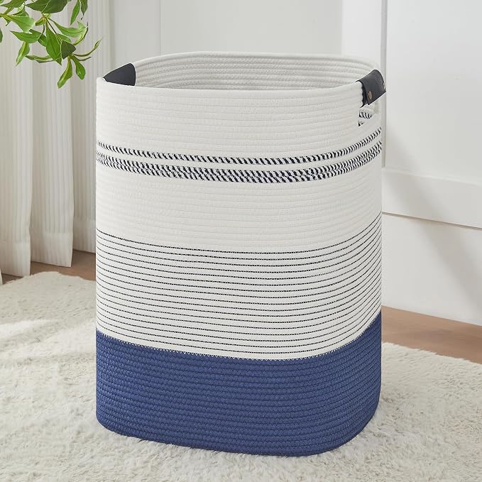 AINUOQI Large Laundry Basket - Tall Woven Rope Laundry Hamper with Leather Handles - Dirty Clothes hamper for Living room, Bedroom, 17" X 13.8" X 22", Dark Blue & White by AINUOQI