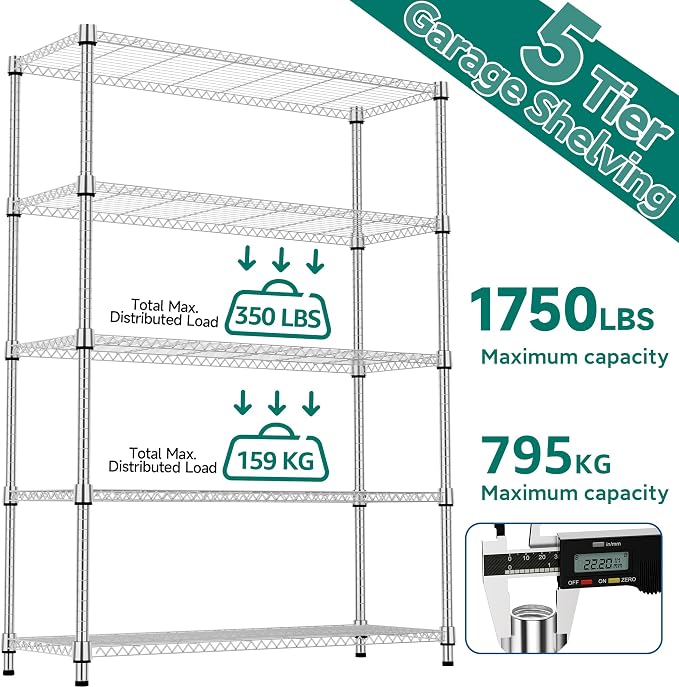M MZG 1750LBS 47.2" W 5 Tiers Shelf Steel Storage Shelves Metal Shelving Unit Steel Organizer Wire Rack for Home,Kitchen,Office,Garage Chrome 17.7" D x 47.2" W x 72.4" H - Image 9