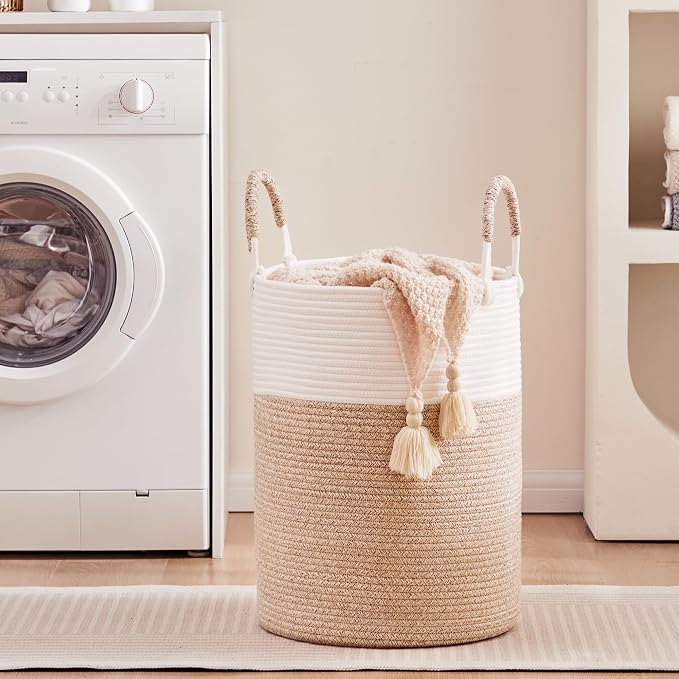 60L Laundry Hamper Basket Tall Woven Cotton Rope Clothes Hamper for Baby Girls Nursery Kids Blanket Basket in Living Room Bathroom Bedroom Brown 15Dx20H Inches Large - Image 2