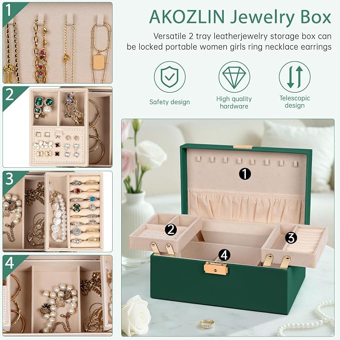 AKOZLIN Travel Jewelry Box Organizer Functional 2-trays Leather Jewelry Storage Case with Lockable Portable for Women Girls Ring Necklace Earring Bracelet - Image 4