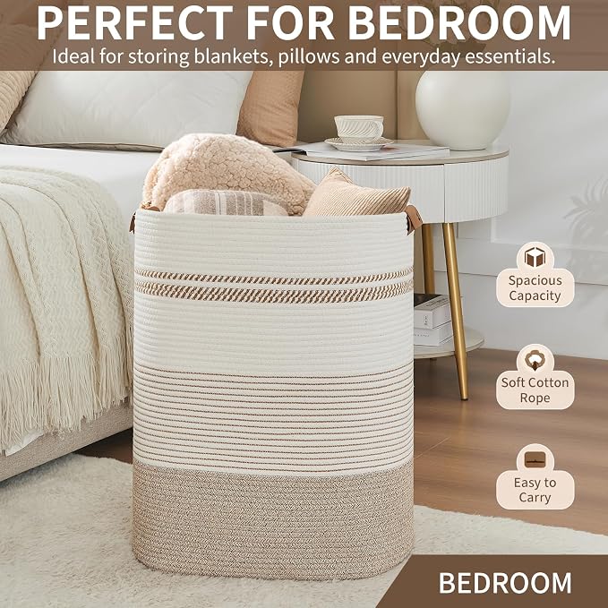 AINUOQI Laundry Basket with Handles - Blanket Basket & Hampers for Bedroom Aesthetic, Laundry Hamper & Blanket Storage for Living Room, Clothes Hamper, Tall, Large 17" x 14" x 22”, Light Brown & White - Image 6