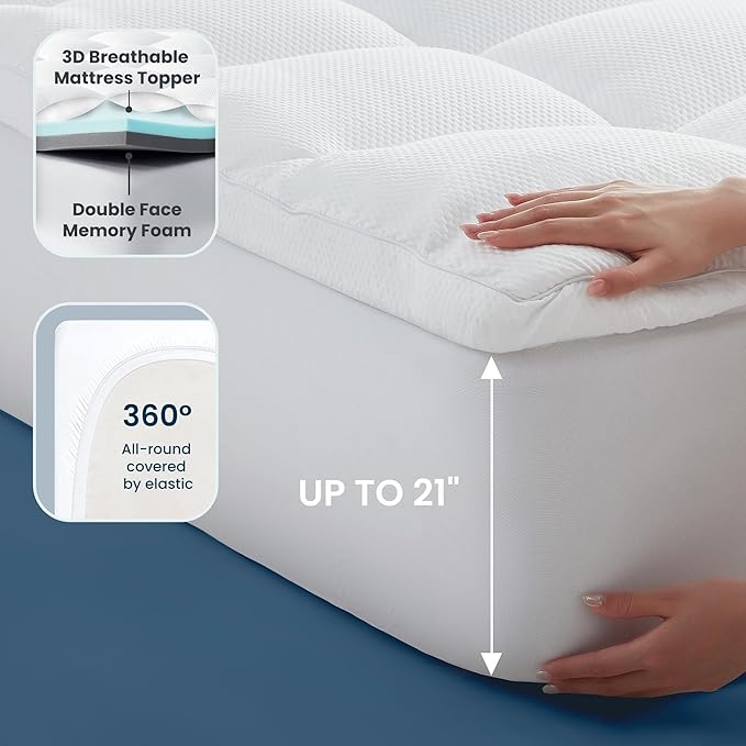 SLEEP ZONE 4 Inch King Mattress Topper, Dual Layer 2'' Gel Memory Foam + 2'' Breathable Fluffy Cool Waterproof Removable Pillow top Pad for Back Pain, Comfort Support, White
