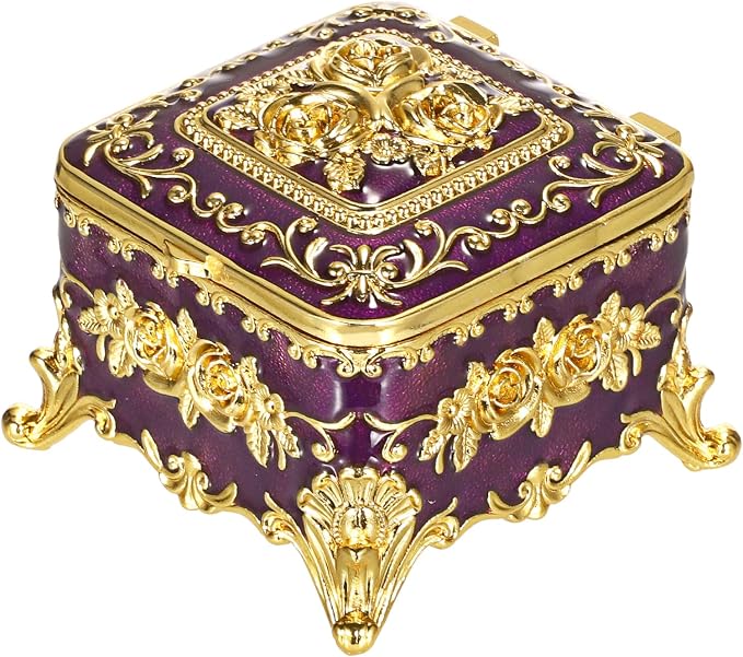 Hipiwe Vintage Jewelry Box Small Trinket Storage Organizer Box Gold Metal Chest Ring Case Treasure Chest Square Keepsake Boxes for Earrings Necklace Gift for Women,Purple by Hipiwe