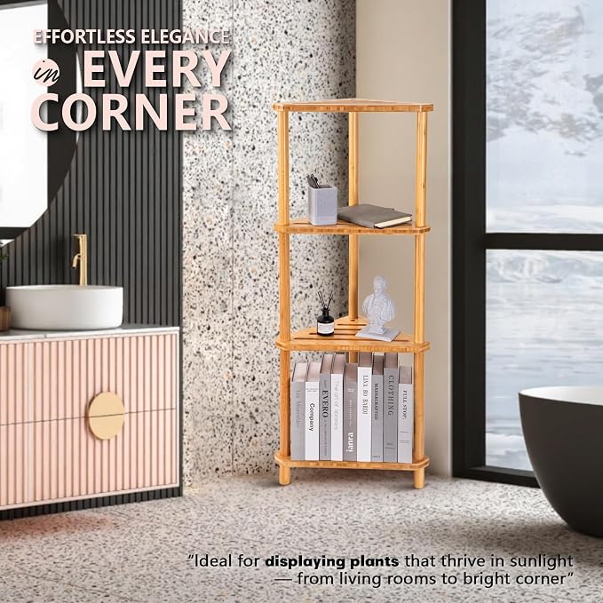 GUGIGP 4-Tier Corner Shower Caddy Stand Bamboo,Standing Corner Shower Shelf,Shower Organizer,Shower Storage Shlves,Waterproof & Durable,Space-Saving Design for Bathroom Kitchen or Living Room - Image 8
