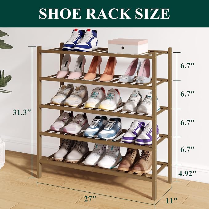 Smiry Bamboo Shoe Rack for Closet, 5 Tier Wooden Stackable Shoe Organizer, Free Standing Shoes Storage Shelf for Entryway, Front Door Entrance, Walnut - Image 2