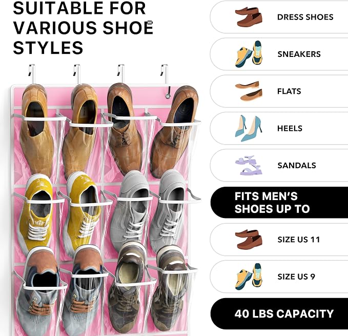 Simple Houseware 24 Pockets Large Clear Pockets Over The Door Hanging Shoe Organizer, Pink (56" x 22.5") - Image 3