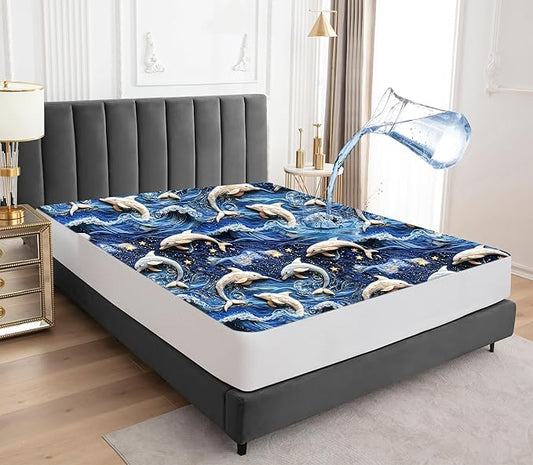 Sufdari Full Mattress Protector,Waterproof Mattress Protector,Fitted Sheet Style Mattress Cover with 18" Deep Pocket,Washable and Comfortable-Dolphin,Full
