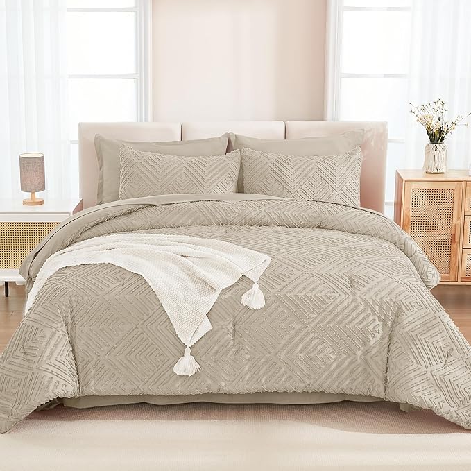 Andency King Size Comforter Set 7 Pieces Oatmeal - Bed in a Bag King Boho Lightweight Fluffy Tufted Bedding Sets with Comforter, Sheets, Pillowcases & Shams