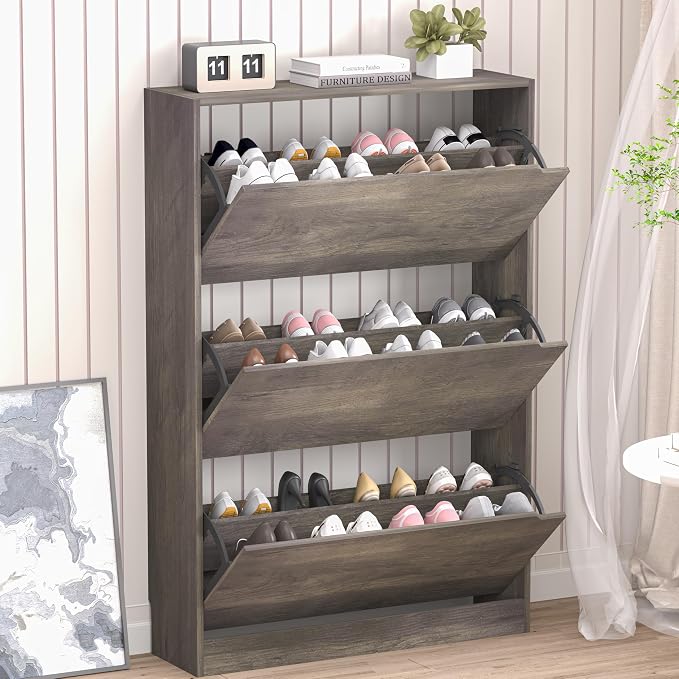 BORNOON Shoe Cabinet with 3 Flip Drawers, Hidden Wood Shoe Cabinet,Freestanding Shoe Storage Cabinet for Entryway Hallway by BORNOON