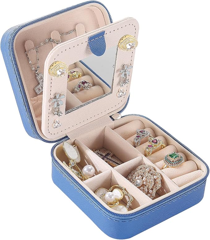 KElofoN Travel jewelry case Travel jewelry box Travel Jewelry Organizer Small Jewelry Organizer Box Gift for Girls Women with Mirror(Deep blue) by KElofoN