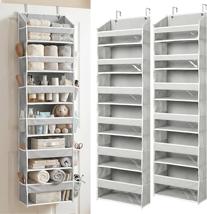 HOMELUX THEORY UPGRADED 6 Tiers Over The Door Organizer Hanging - 100D EXTRA THICK & 50lbs HUGE CAPACITY, 12 Side Mesh Pockets Over The Door Shoe Organizer, Hanging Closet Organizer (Light Gray, 2pc) by HomeluxTheory
