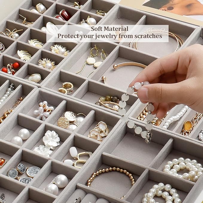 Stackable Jewelry Organizer Trays Set of 9, Small Velvet Jewelry Organizers Earring Necklace Ring Bracelet Display Case Storage for Drawer Dresser (Grey) - Image 4