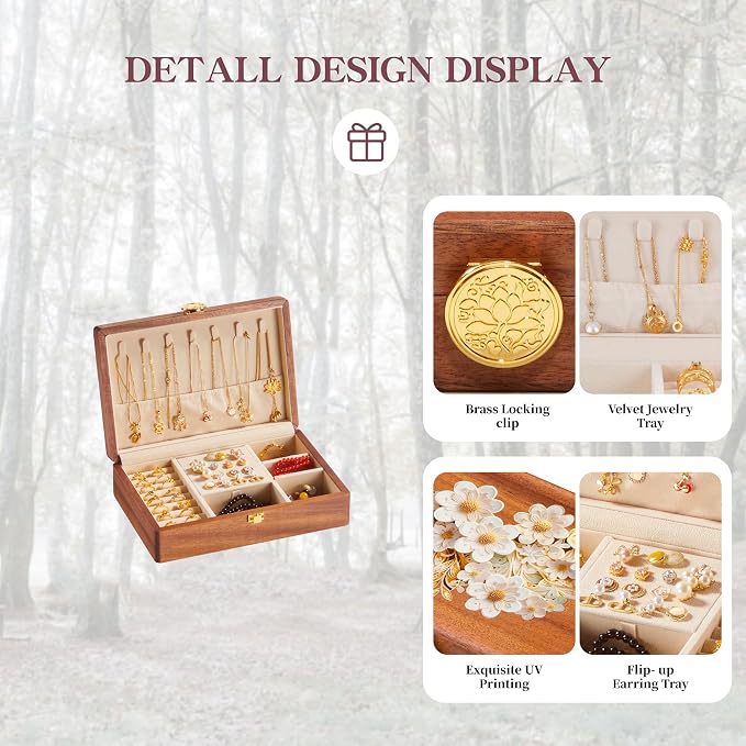 Travel Jewelry Case Small Wood Jewelry Organizer Jewelry Box for Women (Nut-Brown Print C) - Image 2
