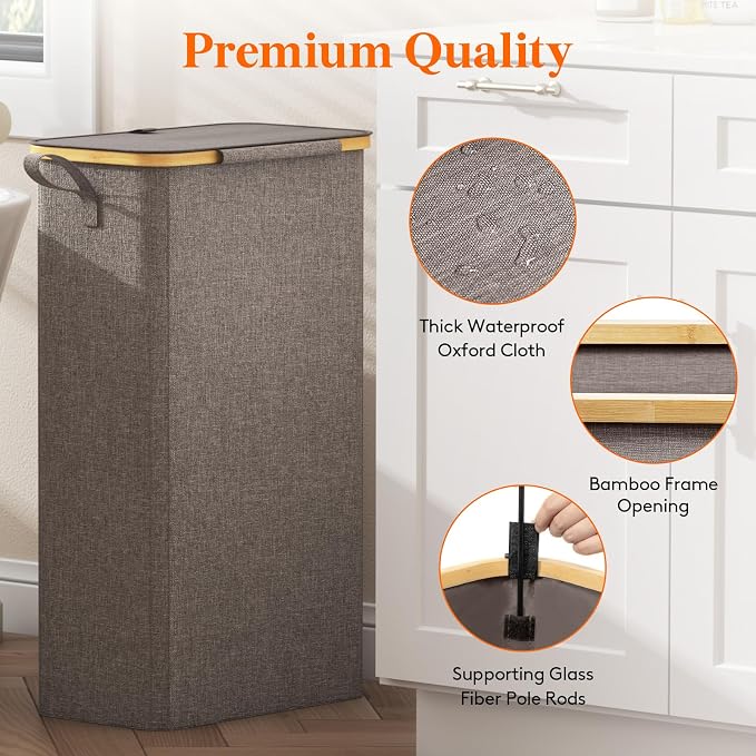 Lifewit 75L Slim Laundry Hamper with Lid, Narrow Laundry Basket with Removable Bag & Bamboo Handles, Fodable Thin Dirty Clothes Hamper for Laundry Collapsible Bin for Bathroom Bedroom Dorm, Brown - Image 7