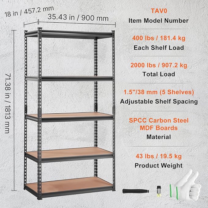 VEVOR Storage Shelving Unit, 5-Tier Adjustable, 2000 lbs Capacity, Heavy Duty Garage Shelves Metal Organizer Utility Rack, Black, 36" L x 18" W x 72" H for Kitchen Pantry Basement Bathroom Laundry - Image 3