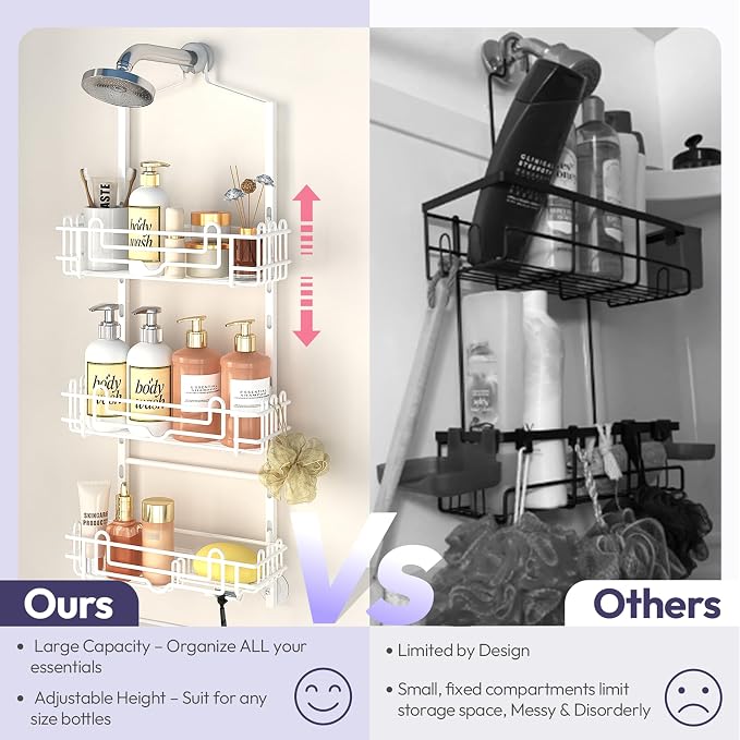 SWTYMIKI Shower Caddy Hanging Organizer - 3-Tier Rustproof Shower Organizer Over Showerhead with Adjustable Baskets, 24 Hooks, Soap & Razor Holder - No Drill Large Bathroom Storage Rack, White - Image 2