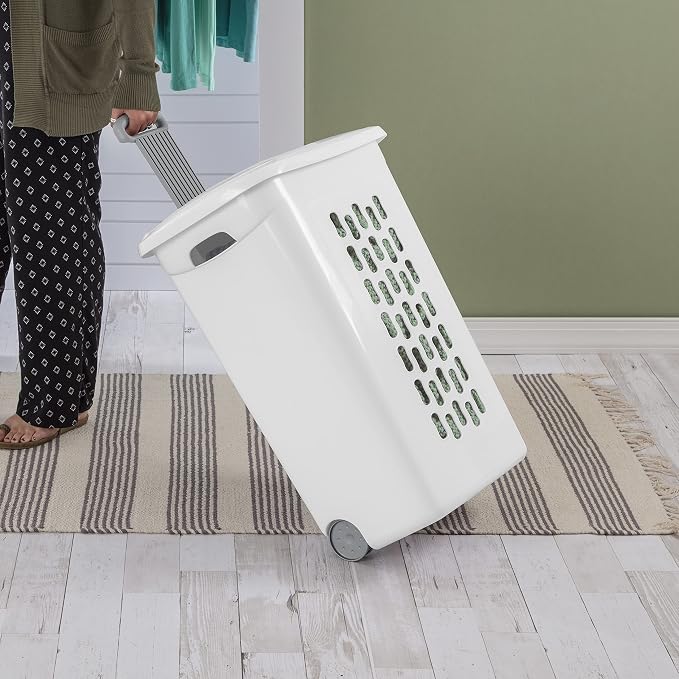 Sterilite 3 pack Ultra Wheeled Hamper, Laundry Basket w/Flip-Top Lid & Retractable Handle - Plastic Rolling Clothes Storage Cart with Ventilated Holes for Home, Apartment or Dorm - Image 5