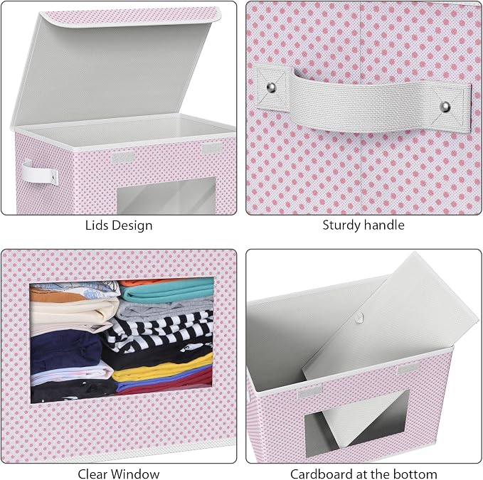 Univivi Fabric Foldable Storage Boxes [4-Pack] Large Collapsible Stackable Storage Bins with Lids, Closet Organizers and Storage Cube Basket for Home, Office, Bedroom (Pink, 17”x 12” x 12”) - Image 4