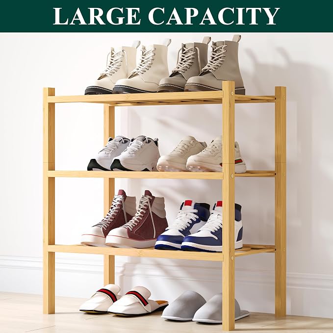 Smiry Shoe Rack, 3 Tier Small Bamboo Shoe Organizer, Stackable Free Standing Wooden Shoe Storage Shelf for Closet, Entryway, Front Door Entrance, Natural - Image 6