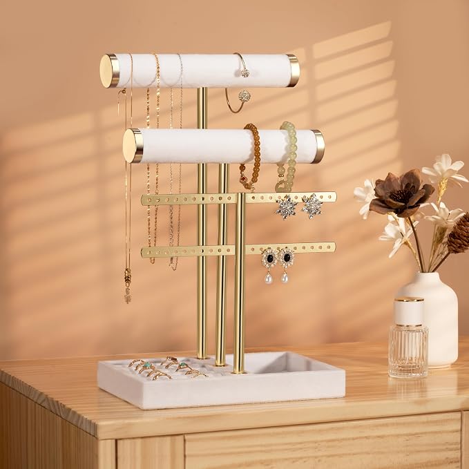 bussdis 3 Tier Bracelet Holder Display - Detachable T Bar White Velvet Bracelet Holder, Jewelry Holder Organizer for Bracelet, Necklace, Earrings, Rings - Image 4